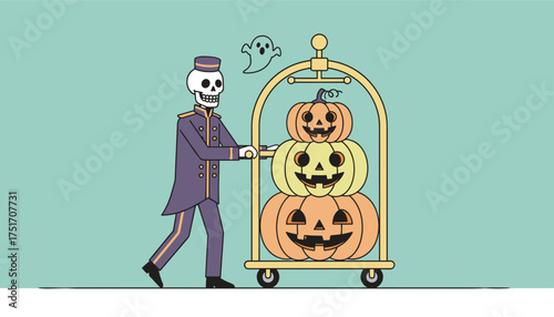 Skeleton bellhop delivers Halloween pumpkins on a cart with a ghost Spooky hotel service