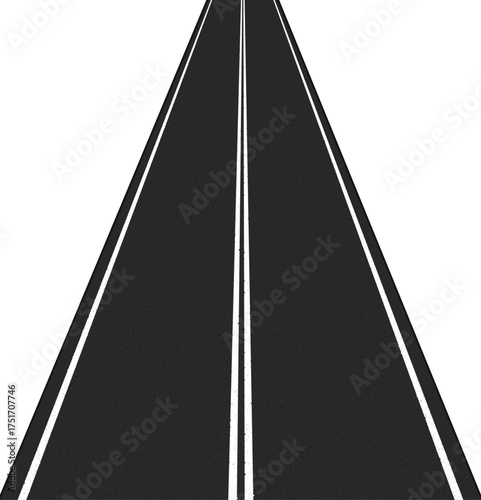 Black asphalt road with white lane markings stretching forward in perspective view