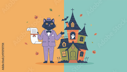 Dapper cat in a suit holds a scroll next to a haunted house Halloween party invitation concept