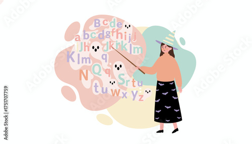 Whimsical witch teaches alphabet with ghosts and bats for fun Halloween learning