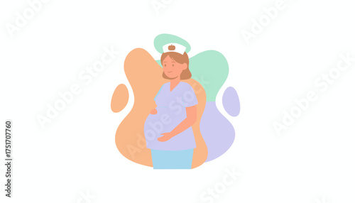 Happy pregnant nurse in uniform embracing her belly symbolizing care and new life