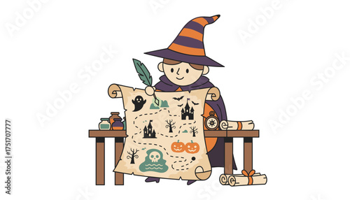 Cartoon wizard drawing a spooky Halloween treasure map with castles ghosts and pumpkins Ideal for festive designs