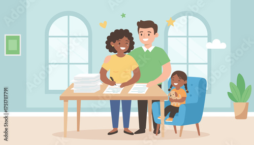 Happy family signing documents at home embracing future planning and financial wellbeing