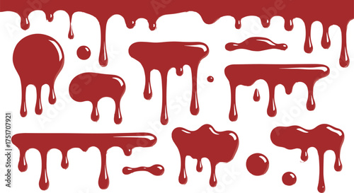 Realistic red liquid dripping texture close-up, glossy paint or blood flow effect on white background for abstract horror design