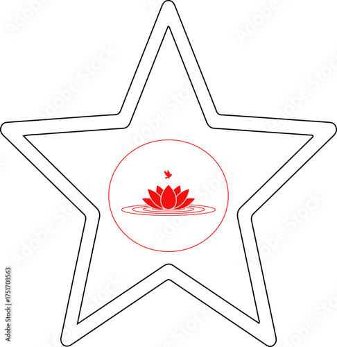 Wallpaper Mural A simple outline of a five-pointed star with a circular emblem featuring a red lotus flower at its center. Torontodigital.ca