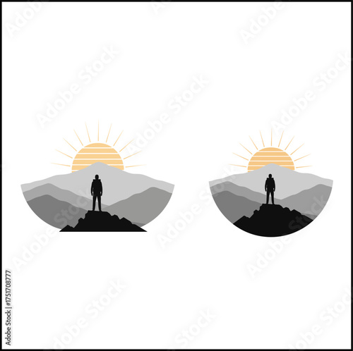 Wallpaper Mural Two minimalist illustrations depict a solitary hiker standing on a mountain summit at sunrise, symbolizing achievement and exploration. Torontodigital.ca