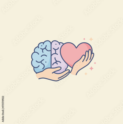 A symbolic vector illustration of emotional intelligence and mental health, showing hands holding a brain and heart in perfect balance