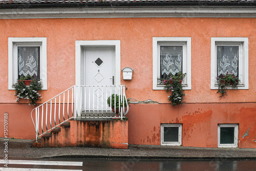 Fototapeta Naklejka Na Ścianę i Meble -  Orange house facade with white door and three windows decorated with plants. Urban architecture detail with small stairs, wet street and symmetry creating charming residential composition.