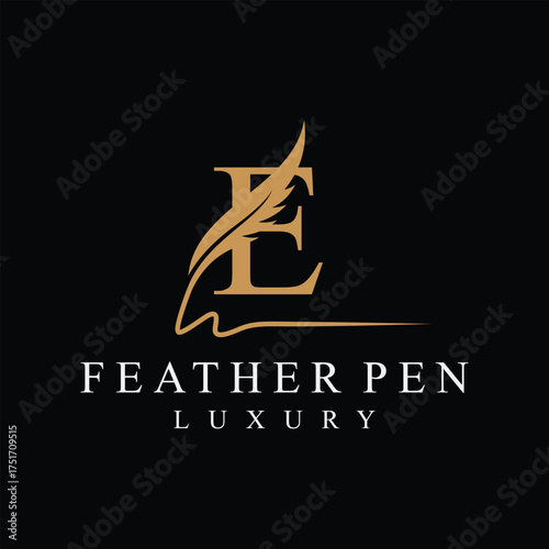 Initial letter e feather pen logo design, serif font graphic icon vector, golden color symbol concept