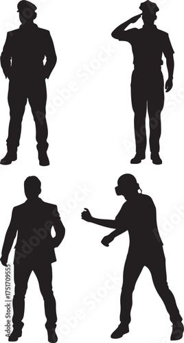 Four silhouettes of men in different poses on white background