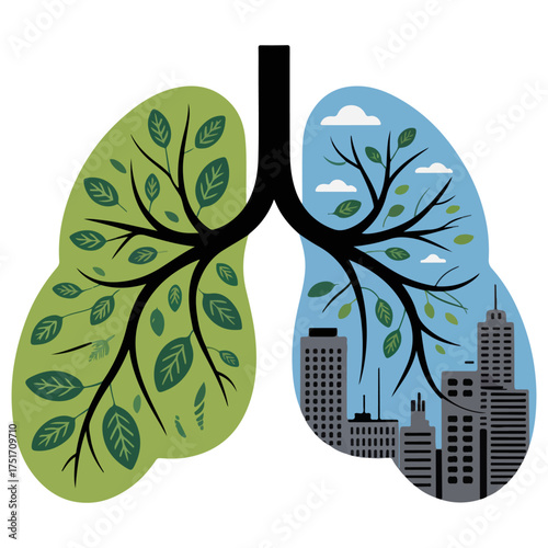 A symbolic representation of healthy lungs, contrasting with the negative effects of pollution. The left lung depicts a thriving ecosystem, and the right shows the negative effects of pollution