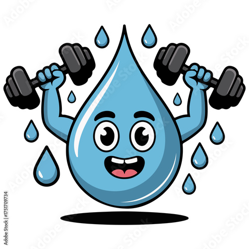 A cartoon of waterdrop lifting dumbbells, the water drop shows happy face and sweating