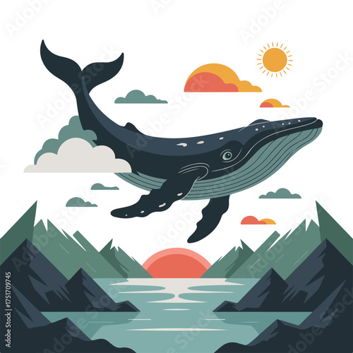 A majestic whale gracefully soaring through the sky above a scenic mountain range and calm sea 