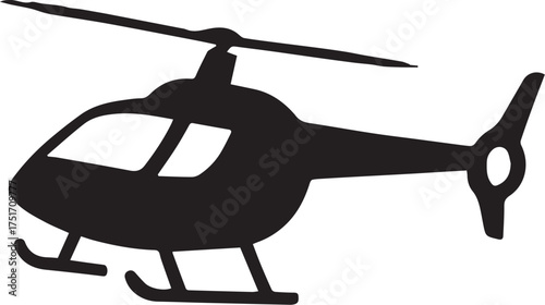 Helicopter silhouette vector illustration in black with streamlined body, cockpit windows, rotors and landing skids for aviation and rescue themes