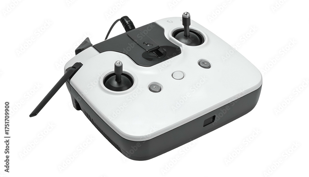 Fototapeta premium White drone remote with joysticks on dark surface, angled view