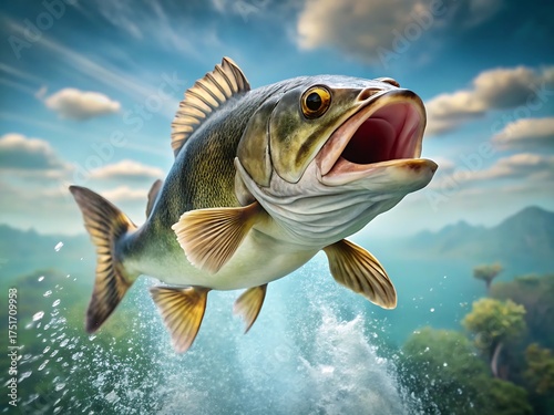 A largemouth bass leaps from water
