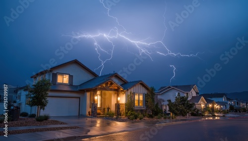 Dramatic night scene with lightning storm over suburban houses illuminated by electric flashes du a thunderstorm showcasing nature's power
