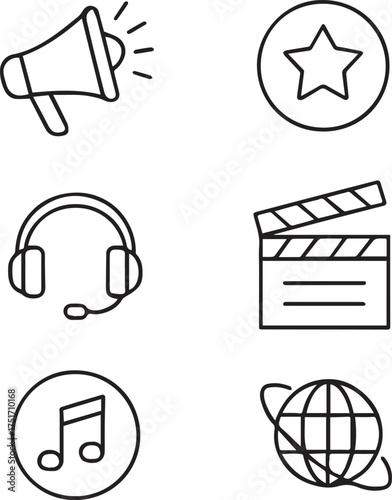 Media and communication icon set vector illustration in black and white with megaphone, headset, clapperboard, music note and globe symbols