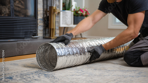 Chimney liner installation process inside living room with metal duct handled by technician