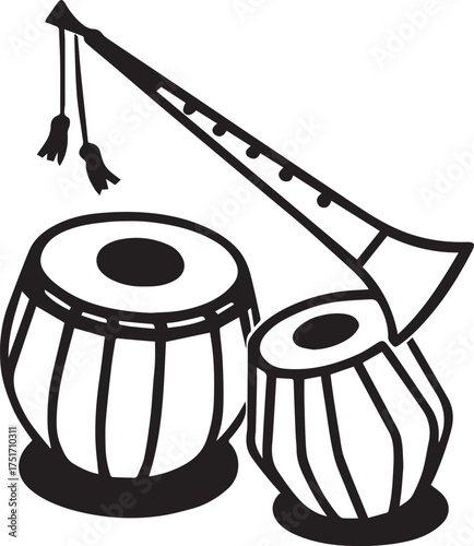 Indian musical instruments vector illustration in black and white with tabla drums and shehnai wind instrument for cultural and classical music themes