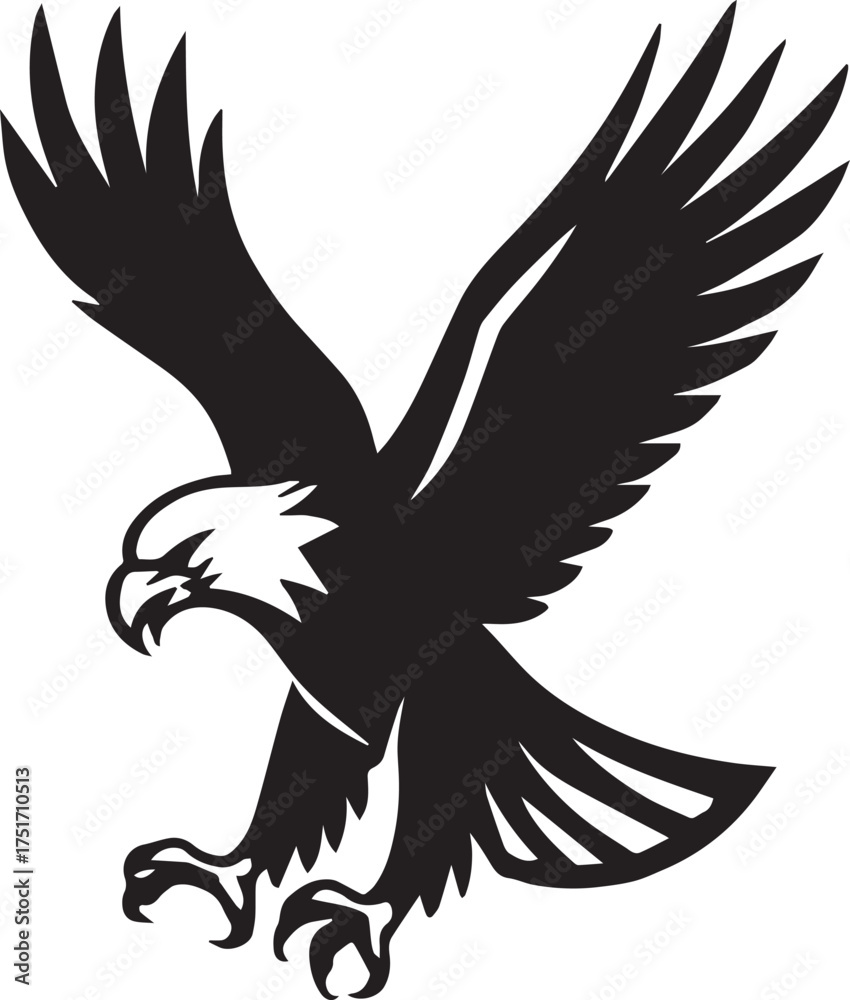 Fototapeta premium Eagle in flight silhouette vector illustration in black with wide wings, extended talons and fierce expression for strength and freedom design theme