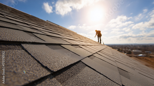 Roofer conducting final inspection on newly installed asphalt shingle roof at sunset