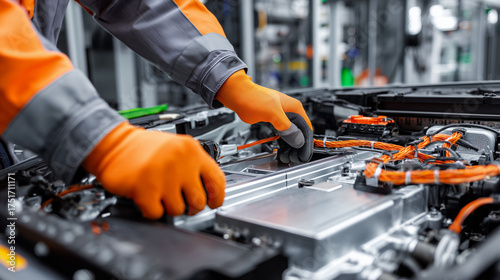 Young technician wearing gloves working on electric car battery components in high-tech facility