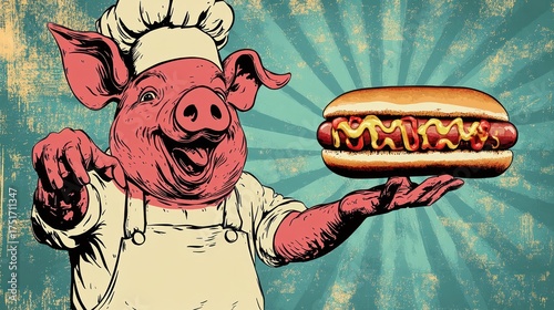 Funny pig chef offering hot dog