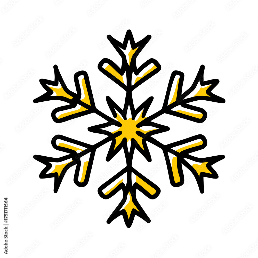 Fototapeta premium Stylized Yellow Snowflake Icon on Black Background symbol winter