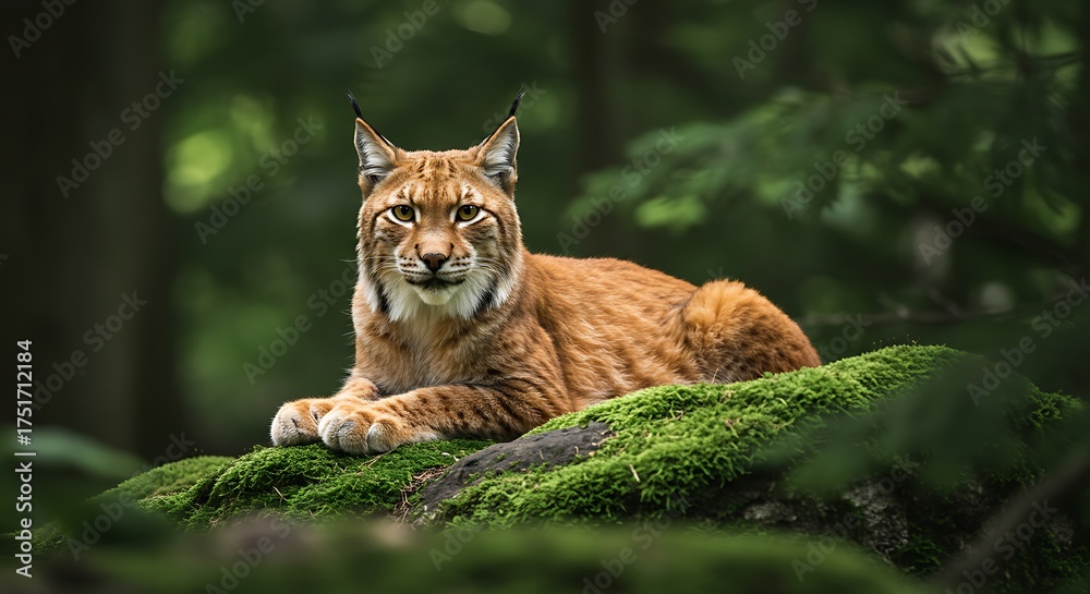 Fototapeta premium Wild lynx resting on mossy log in a lush green forest