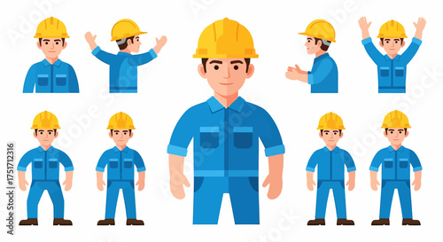 Collection of cartoon construction worker characters in various poses and outfits, showcasing different actions and perspectives.