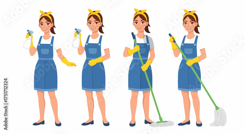 A collection of four illustrations of a woman in a blue apron and yellow gloves, performing various cleaning tasks.