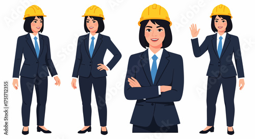 Four illustrations of a woman engineer wearing a yellow hard hat and a suit in different poses.