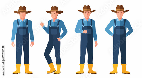 A male farmer character in a hat, overalls, and boots, depicted in four different standing poses.