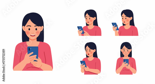 Illustrations of a woman using a smartphone with various facial expressions.