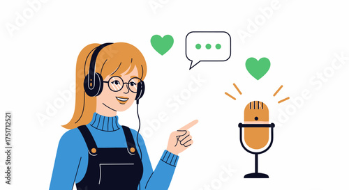 A young woman with headphones records a podcast, pointing at a microphone with heart and speech bubble icons.