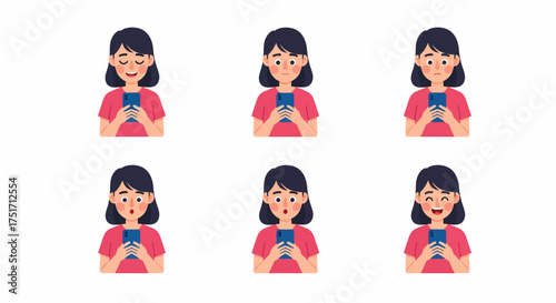 A set of six illustrations showing a woman with different facial expressions while looking at her smartphone, depicting various emotions.