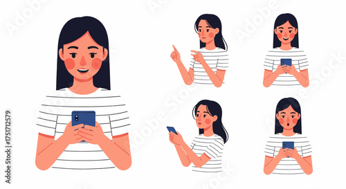 A young woman is depicted in various poses, interacting with her smartphone in a modern illustration.