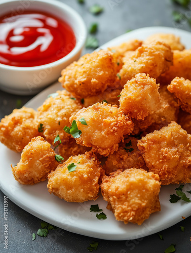 Fried crispy chicken nuggets with ketchup 