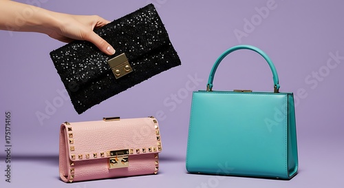 Stylish handbags and clutch displayed against a purple background