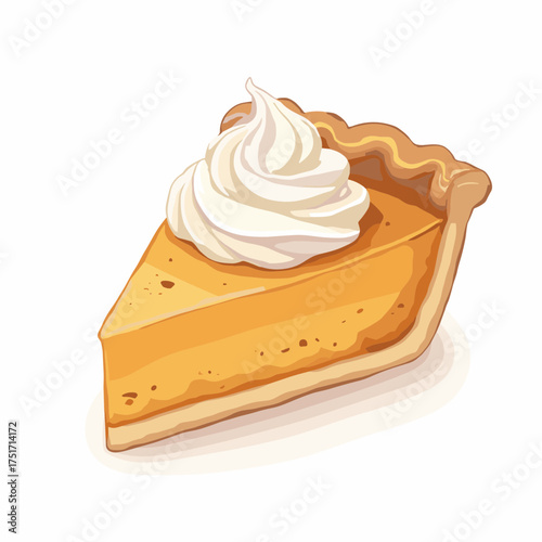 Delicious slice of pumpkin pie topped with whipped cream on a white background image