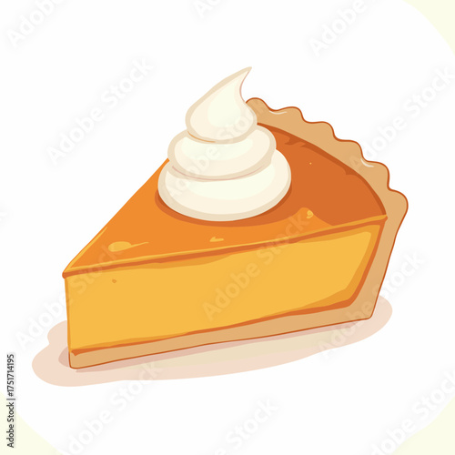 Delicious slice of pumpkin pie topped with whipped cream on a white background image