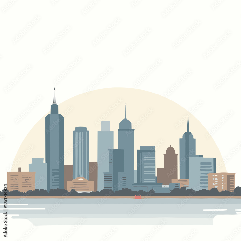 Obraz premium Serene cityscape illustration featuring modern architecture against a soft pastel sky