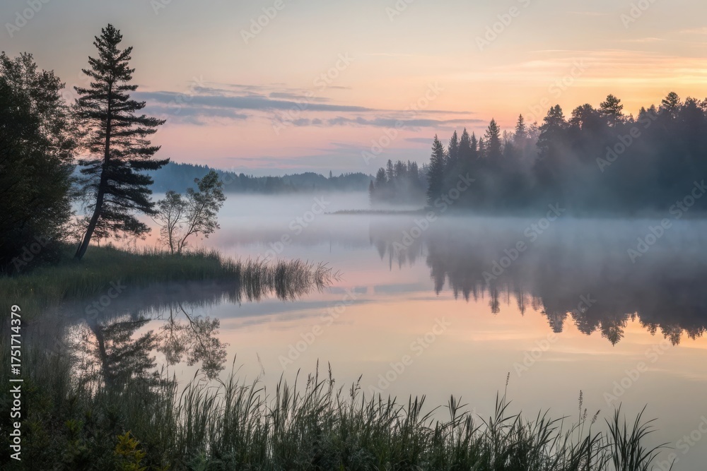 Fototapeta premium Serene sunrise over a misty lake surrounded by trees, reflecting nature's beauty at dawn