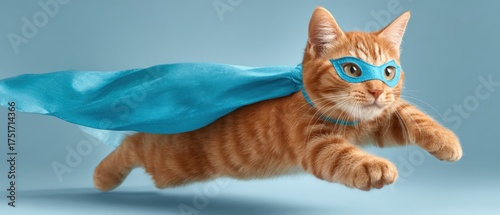 Playful orange tabby cat wea a blue superhero cape flying through the air with a determined expression and bright blue eyes