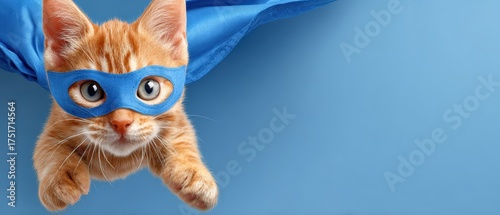 Adorable orange kitten dressed as a superhero with a blue mask and cape, flying against a vibrant blue background, emphasizing cuteness and imagination