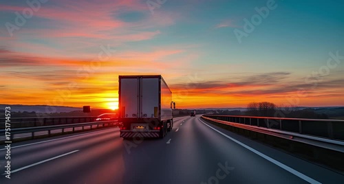 Rear view of a semitrailer truck driving on a highway at sunset with a vibrant orange and blue sky animated 4k video