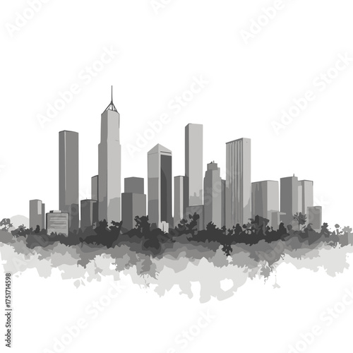Modern city skyline illustration with gray buildings and abstract watercolor effect