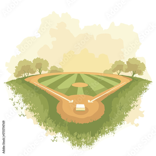 Serene baseball field illustration bathed in soft sunlight evoking nostalgia and sport