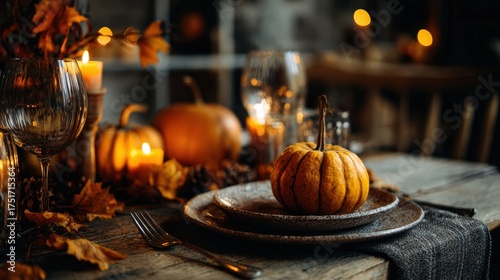 Harvest autumn Thanksgiving dinner setting with pumpkins candles and fall decorations in warm cozy home atmosphere